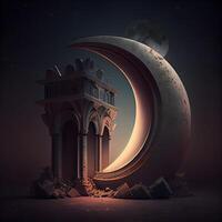 Ramadán kareem creciente Luna y mezquita 3d ilustración, ai generativo imagen foto