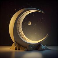 Ramadan Kareem background with crescent moon and mountains. 3d rendering, Image photo