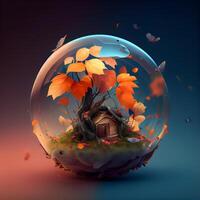 Little house inside a crystal ball with autumn leaves. 3D rendering, Image photo