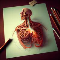 Human heart anatomy with pencils on wooden background. 3d render, Image photo