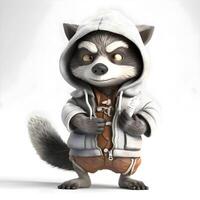 raccoon in a hooded jacket with a wrench in his hands, Image photo