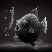 Black and white picture of a fish with bubbles on a dark background, Image photo