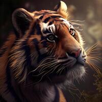 Portrait of a tiger in a dark forest. 3d rendering, Image photo