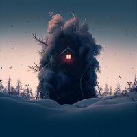 Fantasy winter landscape with a house in the forest. 3d rendering, Image photo