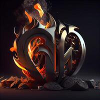 Burning letters N and O on dark background. 3D illustration, Image photo