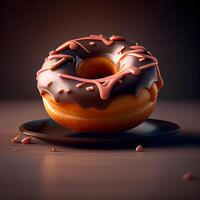 rosquilla con chocolate vidriar en un oscuro antecedentes. 3d representación, ai generativo imagen foto