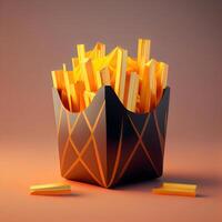 francés papas fritas en un papel caja. 3d hacer ilustración aislado en fondo, ai generativo imagen foto