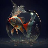 Goldfish in a round aquarium with water splash. 3d rendering, Image photo