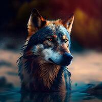 Portrait of a wolf in the water. 3D rendering., Image photo