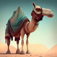 Camel in the desert. 3D illustration. Vintage style., Image photo