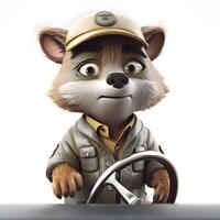 Funny little fox with steering wheel on a white background. 3d illustration., Image photo