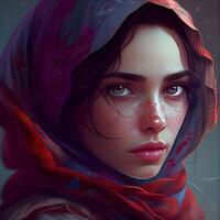 Portrait of a beautiful girl in a red shawl., Image photo