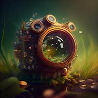 Retro camera in the grass. 3D illustration. Vintage style., Image photo
