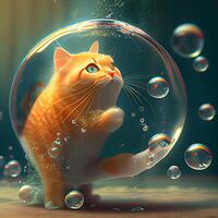 Cute orange cat playing with soap bubbles. 3D rendering., Image photo