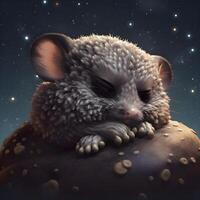 cute little mouse sleeping on a moon in the starry sky, Image photo