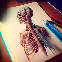 Human skeleton model on table with pencils. Anatomy concept., Image photo