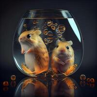 Hamsters in a round glass aquarium on a black background. 3d rendering, Image photo
