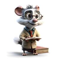 3D rendering of a cute cartoon mouse with glasses reading a book, Image photo