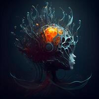 3d illustration of a human head with brain made of fire., Image photo
