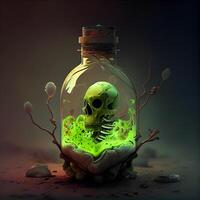 Human skull in a bottle with green potion. 3D illustration., Image photo