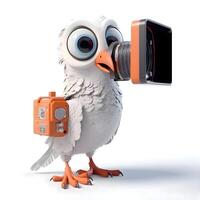 Pigeon with camera on white background. 3D illustration., Image photo