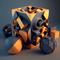 3d illustration of abstract geometric composition, cubes and sphere in black and orange colors, Image photo