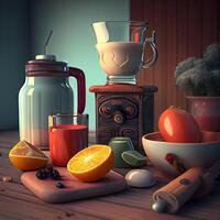 Fruit juice in a glass cup on a wooden table. 3d rendering, Image photo