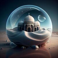 Snow globe with mosque in arabic desert, 3d render, Image photo