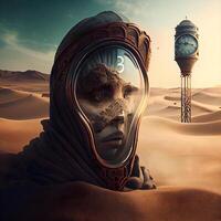 3D rendering of an alien in the desert with a clock in the background, Image photo