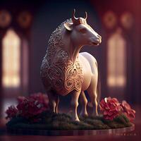 3d rendering of a white unicorn with a golden ornament in the shape of a heart, Image photo