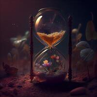 Time concept. Hourglass with sand and flowers. 3d rendering, Image photo