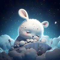 3d rendering of a cute white rabbit sitting on a cloud in the night sky, Image photo