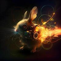 Rabbit in a gas mask on a dark background. 3d rendering, Image photo