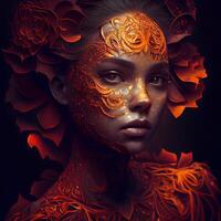 Fashion art portrait of a beautiful woman with creative make up and floral ornament., Image photo