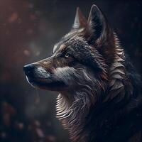 retrato de un lobo en un oscuro antecedentes. 3d representación, ai generativo imagen foto
