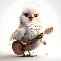 3D rendering of a cute bird with a guitar isolated on white background, Image photo