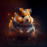 Hamster in the fire on a dark background. 3d rendering, Image photo