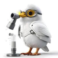 White bird with binoculars isolated on white background. 3d illustration, Image photo