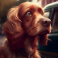 Portrait of a dog breed Irish Setter in the city., Image photo