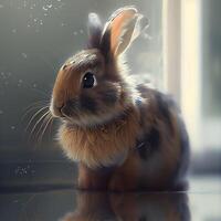 Rabbit sitting on the windowsill with reflection in the water., Image photo