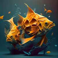 Gold fish in water. 3d rendering. Computer digital drawing., Image photo