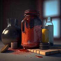 Still life with a jug and a bottle of oil. 3D rendering, Image photo