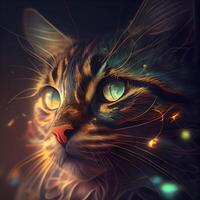 Fantasy cat with orange eyes and multicolored bokeh lights, Image photo