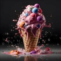 Ice cream in waffle cone with splashes on a black background, Image photo