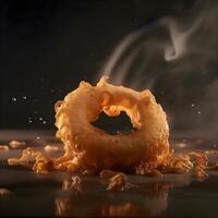 Fried donut with smoke on a dark background. Selective focus, Ai Generative Image photo