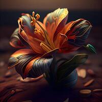 Beautiful orange lily flowers on a wooden background. 3d rendering, Image photo