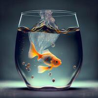 Goldfish in a glass bowl with water and air bubbles on gray background, Image photo