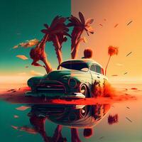 Car on the beach with palm trees. 3d render illustration., Image photo