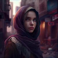 Arabic woman in the city at night. 3d rendering., Image photo