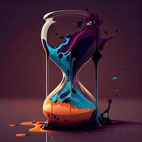 Colorful hourglass with flowing liquid on dark background. 3d rendering, Image photo